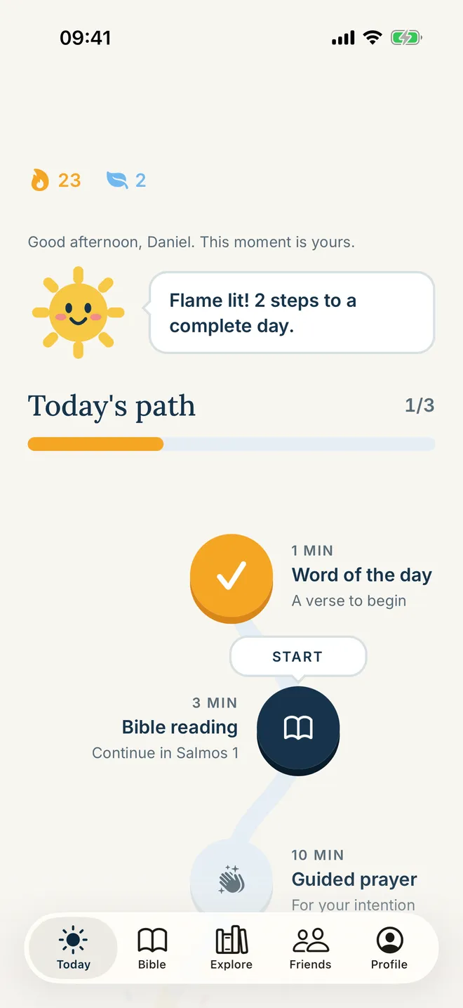 Nuah Today screen with the day streak and today’s path