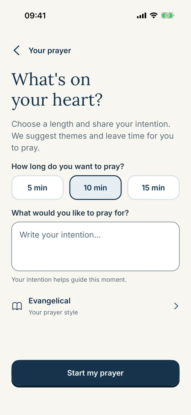 Guided prayer screen asking what is on your heart