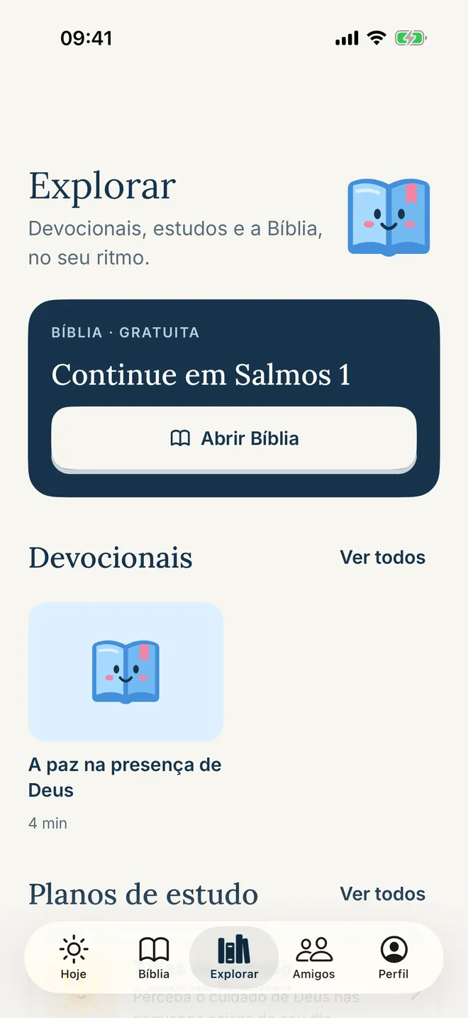 Pantalla Explorar con devocionales y planes de estudio